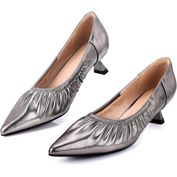 🆕 Gunmetal Kitten Heel Bridal Pleated Pumps Slip-On Pointed Toe Dress Shoes - Picture 1 of 7